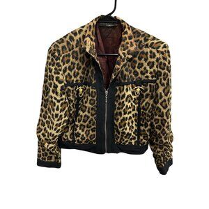 Mesmerize Leopard Print Bomber Jacket Tan Black Sz Cropped Long Sleeve Retro